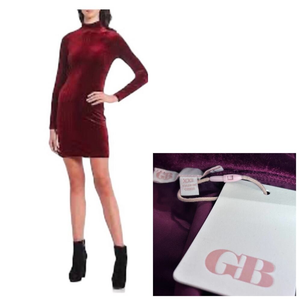 GB Red Velvet Stretch High Mock Neck Long Sleeve Holiday Cocktail Party Dress